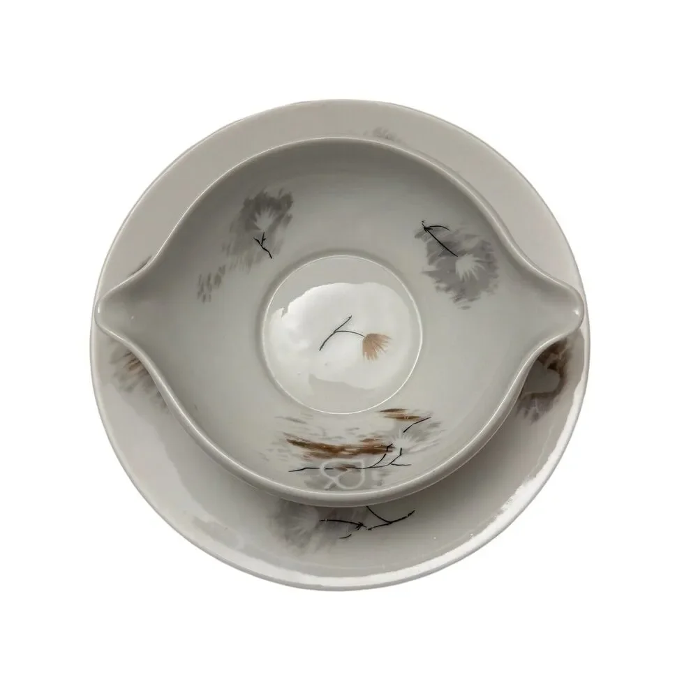 Vintage Raynaud & Co Limoges Gravy Boat with Attached Plate Pattern Windblown